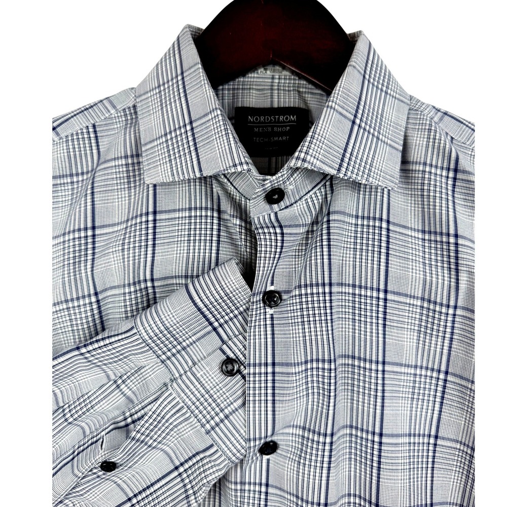 Nordstrom Mens Shop Tech Smart Trim Fit Plaid Dress Shirt Blue White Size 15 1/2
